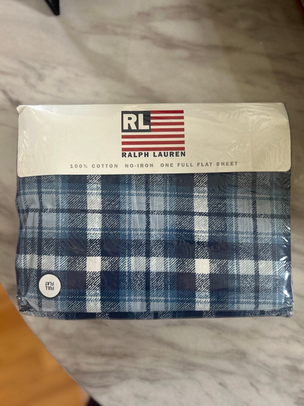 Vintage 90s Ralph Lauren Denim Texture Navy Blue & White Plaid FULL FLAT Sheet